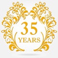 35 years anniversary icon in ornate frame with floral elements. Template for celebration and congratulation design. 35th anniversa